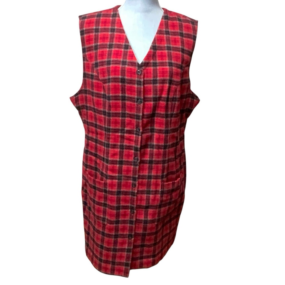 Vintage Eddie Bauer Wool Blend Jumper Dress Size 18 Button Front Red Black Plaid